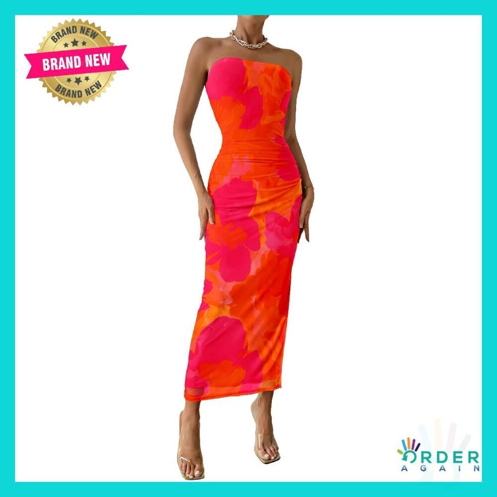 Strapless Maxi Bodycon Dress Elegant Floral Mesh Summer Wedding Guest